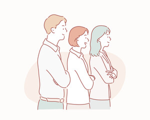 Confident team of three business people partners standing with arms crossed. Hand drawn style vector design illustrations. 