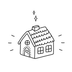 Hand drawn christmas Gingerbread House isolated on white background. New Year vector food sketch, doodle icon or holiday illustration