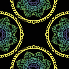 Seamless vector pattern with handdrawn Beautiful Deco Colored contour Mandala. isolated on a black background. Perfect for printing on fabric or paper.