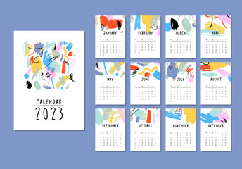 Calendar 2023 with colorful hand drawn abstract textures. Can be used for printable creative template and also like application for mobile phone, tablet, computer. - obrazy, fototapety, plakaty