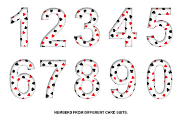 Set, digits, from various card suits. Shadow. Isolated on a white background. Decorative font. Gambling. Design