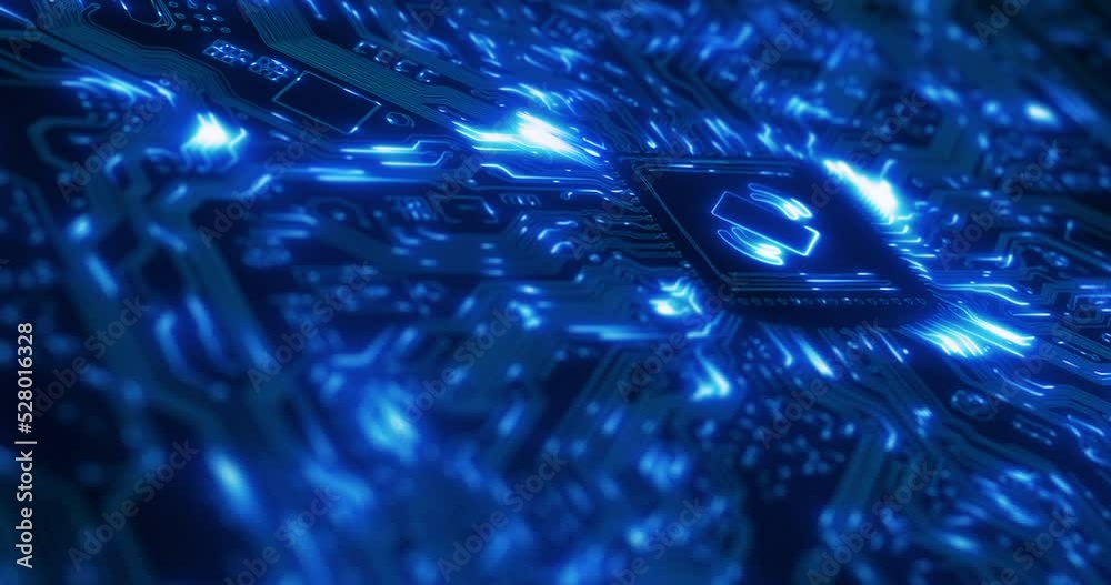 Aufkleber Cpu mobile programming, big data and information technology in 5g network, digital future media and IT programming on blue memory drive. Abstract coding analytics, cyberpunk animation and global wifi