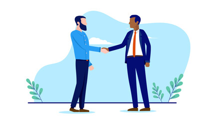 Diverse business handshake - Two businesspeople with different ethnicities shaking hands over deal and agreement. Flat design vector illustration with white background