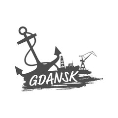 Anchor, lighthouse, ship and crane icons on brush stroke. Calligraphy inscription. Gdansk city name text.