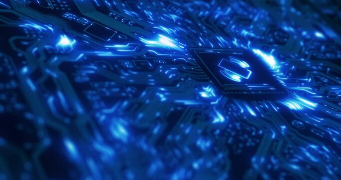 Cpu mobile programming, big data and information technology in 5g network, digital future media and IT programming on blue memory drive. Abstract coding analytics, cyberpunk animation and global wifi