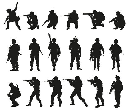 Army soldiers drawn in silhouettes, vector collection.