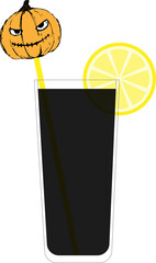 Black lemonade halloween holiday with lemon and pumpkin. Pumpkin handmade author drawing. PNG.