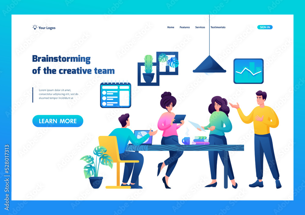 Wall mural brainstorming a creative team to create an idea. concept for landing page