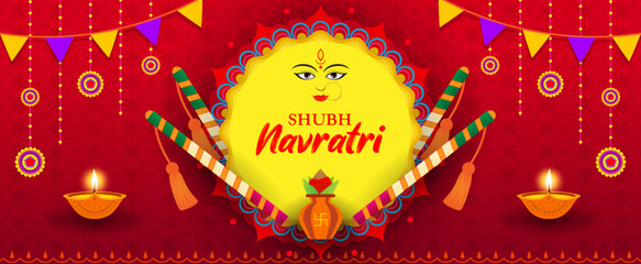 Shubh Navratri(Happy Navratri) banner vector illustration. Goddess Mahadevi, Dandiya sticks and kalash(pitcher pot) on red Indian pattern background.