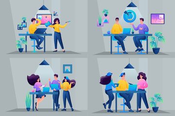 Set of web design. Creative department, conversation with an investor, collective intelligence, brainstorming, creative team. 2D characters