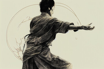 Illustration of Tai chi master performing slow and relaxing wushu, digital illustration