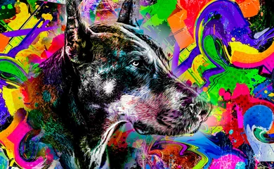 Zelfklevend Fotobehang colorful artistic doberman dog muzzle with bright paint splatters on dark background. © reznik_val