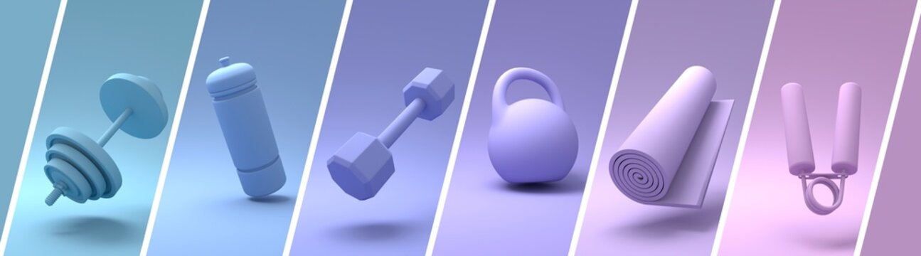 Gym training and home exercising and fitness equipment. Dumbbells, bob, yoga mat and bottle. Tools for healthy lifestyle and wellbeing. 3D render. Sliced collage