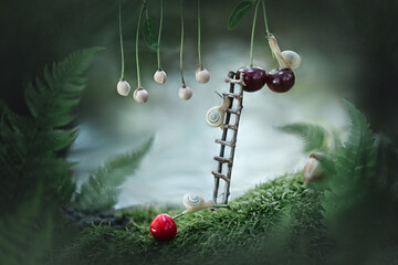 Magic scene, fantasy story. Team of snails collect cherries, farming team. The story of snails....