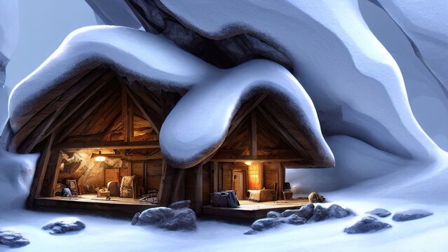 House in the forest in winter. Wooden small house under the snow, winter landscape, snowy firs, wooden house light in the window, snowy mountains, gorges. Beautiful fairytale winter atmosphere. 3D
