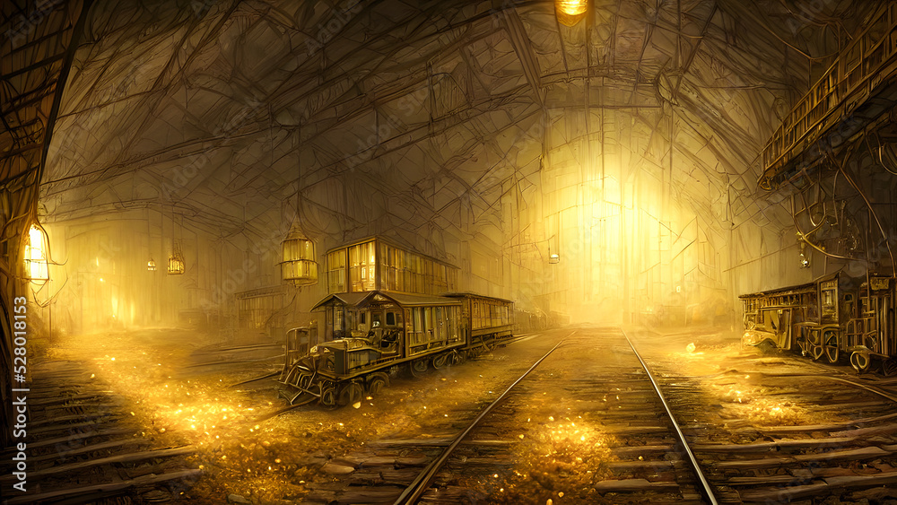 Wall mural Artistic concept painting of a gold mine and small gold nuggets, background illustration.