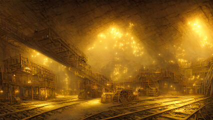 Artistic concept painting of a gold mine and small gold nuggets, background illustration.