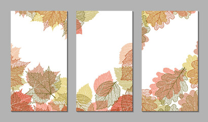 Floral vector templates with autumn leaves. Plant print for holiday stories, greeting cards, banners. Natural trendy web-design. Set of textured backgrounds. Botanical art.
