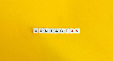 Contact Us Banner. Text on Letter Tiles on Yellow Background. Minimal Aesthetics.