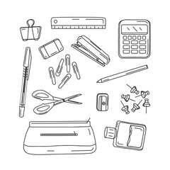 Collection of line art style office supplies