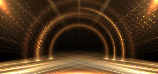 Elegant golden stage circle glowing with lighting effect sparkle on black background. Template premium award design.