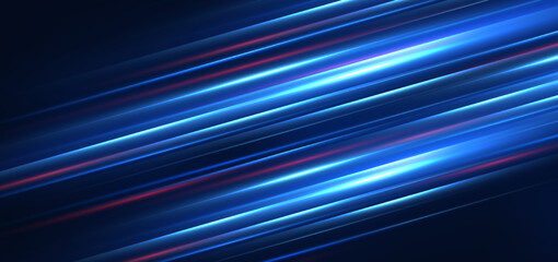 Abstract technology futuristic glowing blue and red  light lines with speed motion blur effect on dark blue background.