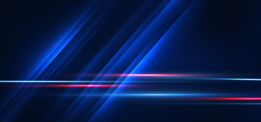 Abstract technology futuristic glowing blue and red  light lines with speed motion blur effect on dark blue background.