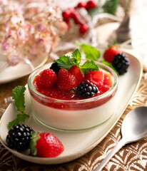Red fruit panna cotta. Traditional Italian recipe.