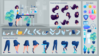 Stylized Character, Girl laboratory assistant does the tests of patients. Set for Animation. Use Separate Body Parts to Create An Animated Character. Set of Emotions, Hairstyles, Hands and Feet