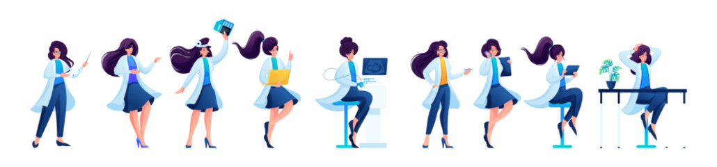 Set of doctors, optometrist, gynecologist, cardiologist, neurosurgeon, pediatrician, gastroenterologist, therapist, pulmanologist, laboratory assistant