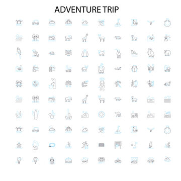 adventure trip icons, signs, outline symbols, concept linear illustration line collection