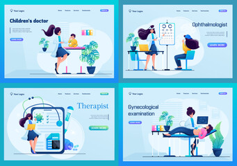 Fototapeta na wymiar Set of landing pages. Pediatrician, therapist, gynecologist, ophthalmologist. 2D characters