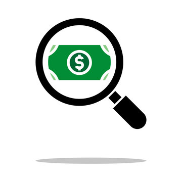 magnifying glass with money symbol, money search icon vector