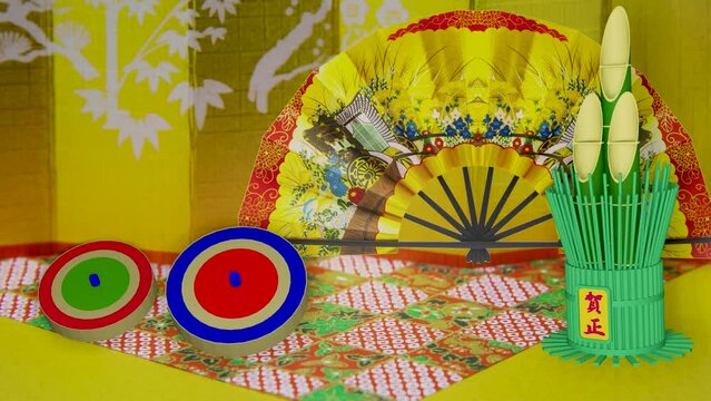 正月和風飾り　門松と駒 3D表現