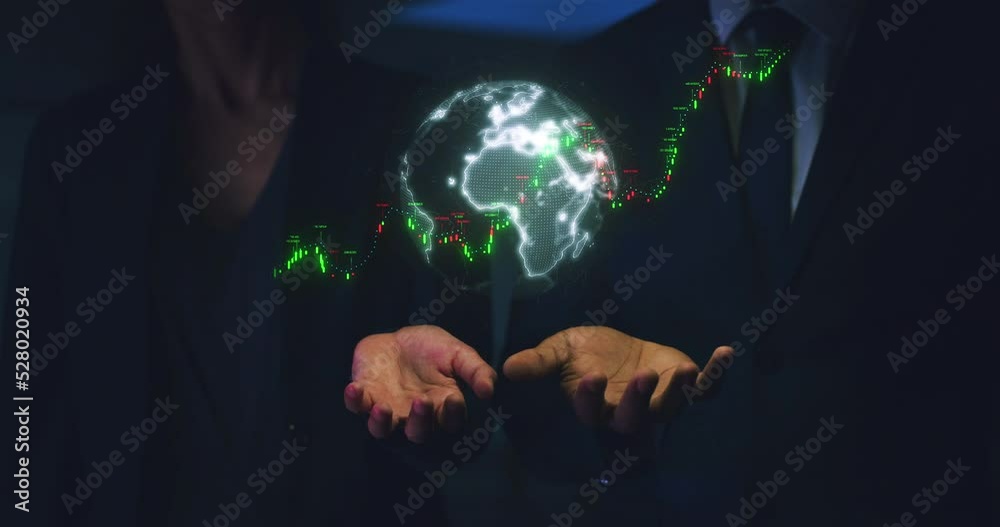 Aufkleber futuristic hologram and palm with global data of trading, investment and stock market. business peop