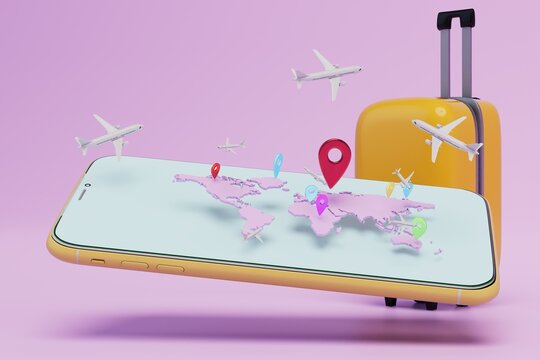 travel around the world by plane. luggage and smartphone with map and destination. 3d render