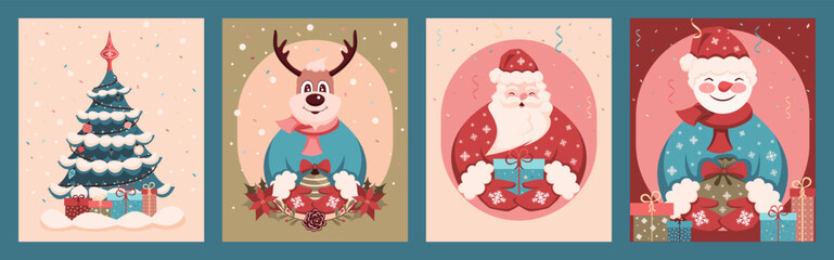 Set of Designs for Christmas and New Year Greeting Cards. Illustration of Santa Claus with a gift, Christmas Tree, Merry Deer, Happy Snowman