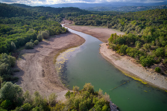 The lake of Saint Cassien in drought close to Montauroux from the sky