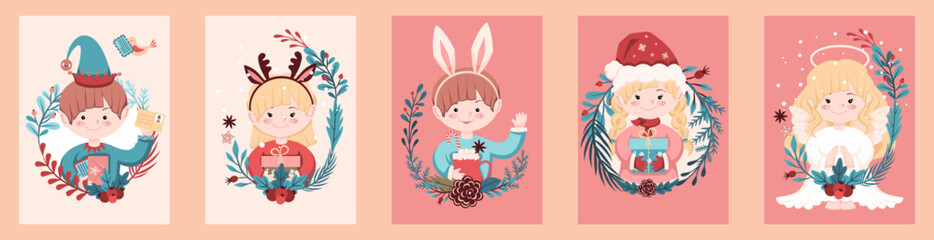 Set of cute Children for Christmas Illustrations. Children with gifts, Angel, Elf with a letter are decorated with Christmas Wreaths and Flowers. Set