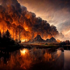 Siberian forest in flames due to global warming at dawn