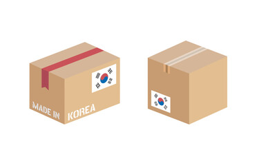 box with South Korea flag icon set, cardboard delivery package made in Korea