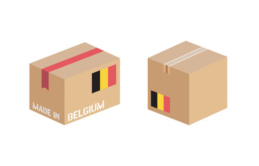 box with Belgium flag icon set, cardboard delivery package made in Belgium