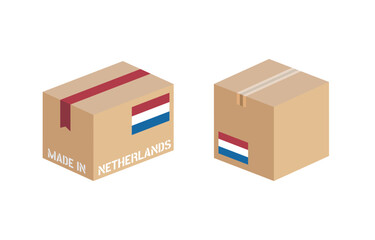 box with Netherlands flag icon set, cardboard delivery package made in Holland