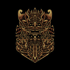 Golden Balinese barong mask isolated on black