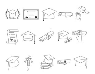 Illustration of graduation icons including icons - student cap, studies, knowledge, books, diploma scroll, university degree. Fine line art about high school education. Editable