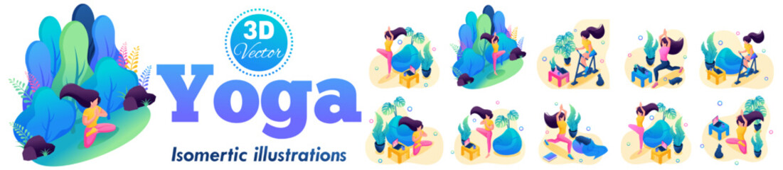 Set Isometric Concepts Yoga. Girl does yoga at home, in nature. Does body stretching in a cozy atmosphere with a cat. For Vector Illustrations