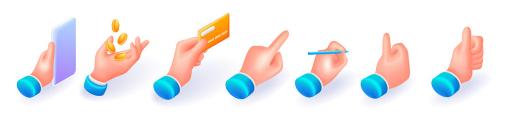Realistic 3D Isometric illustration, Cartoon. Set of hand gestures of businessmen. Writes, gives a card, catches coins, points with his finger, class. Isolated
