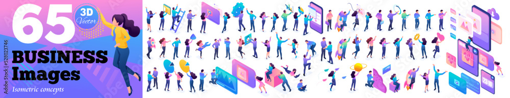 Wall mural set isometric concepts. young businessmen with charts and graphs collect and research data. using ga