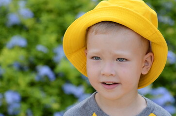 Portrait of a boy, five years old. school age child. Children's emotions on the face, joy, surprise, interest. Close-up, cute boy, blue eyes. yellow flowers in the background