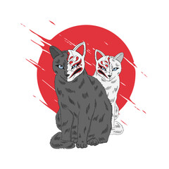 cat with kitsune mask Japan illustration
